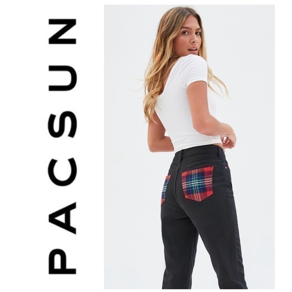 PACSUN Black Plaid Pocket Mom Jeans High-Rise Relaxed Fit Tapered Leg Women’s 24